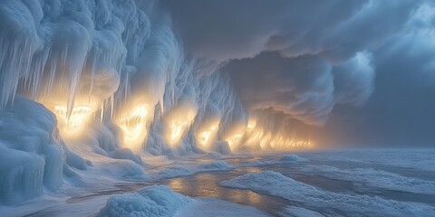 Poster - Majestic Frozen Ice Cavern at Sunrise with Glowing Lights and Reflections on Snowy Surfaces. Breathtaking Winter Ice Cave Scene with Soft Light and Cool Tones