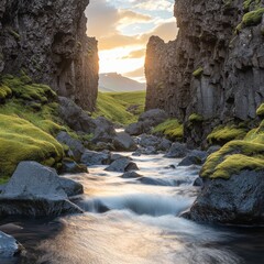 Wall Mural - Stunning Sunset Over Icelandic River Surrounded by Lush Green Moss, Majestic Rocks, and Tranquil Water Flowing Through Scenic Landscape