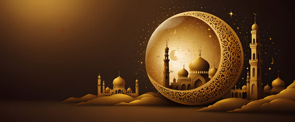 3D Islamic Ramadan, Iftar, Eid, Mosque, Lantern, crescent moon, cannonballs, text space and circular podium in red gold style