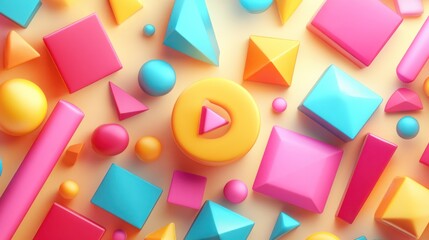 Colorful 3D shapes background play button