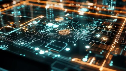 Wall Mural - Futuristic digital circuit board processing bitcoin transactions with glowing lines and nodes representing the complex network of cryptocurrency mining