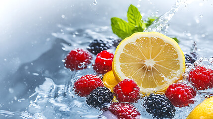 Canvas Print - Refreshing lemon and berry splash! Juicy fruits burst with flavor in a vibrant water explosion.