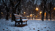 © vachiraphan - cozy snow covered bench in quiet park with falling snowflakes