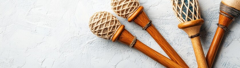 Handmade wooden craft items, textured background