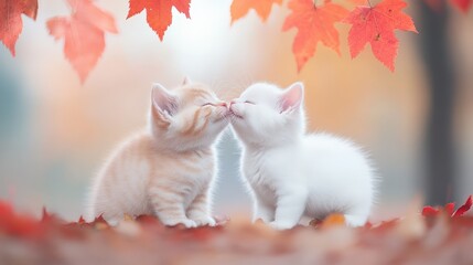 Wall Mural - Adorable baby cats sharing a loving kiss under a tree. Sweet British Shorthair kittens kissing.