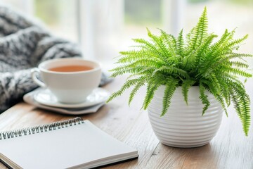 A relaxing and clean workspace with a single potted fern in a white ceramic pot, placed beside a notebook and a cup of tea