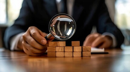 Leinwandbilder - A person in a suit examines wooden blocks with a magnifying glass, emphasizing analysis, strategy, and attention to detail in a business context.