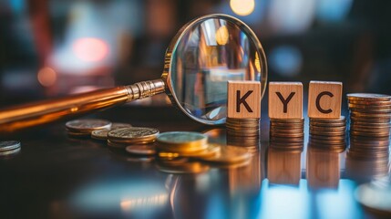 Poster - A close-up of a magnifying glass over coins, focusing on the letters 'KYC' spelled out in wooden blocks, symbolizing financial investigation or compliance.