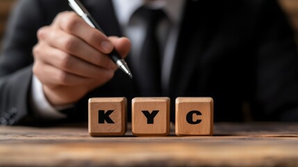 Aufkleber - A person in a suit writes while holding wooden blocks displaying the letters 