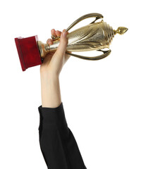 Wall Mural - woman with golden trophy cup on white background, closeup