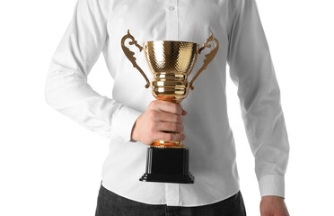 Wall Mural - Man with golden trophy cup on white background, closeup