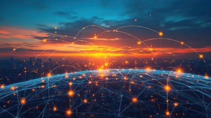 Global network connection sunset city