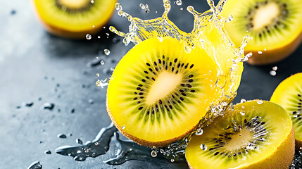 Canvas Print - Juicy yellow kiwi slice with splashing liquid. Refreshing and vibrant fruit image.