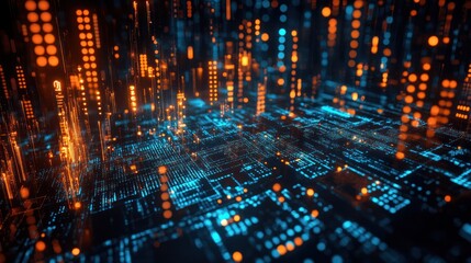 Futuristic city data stream, glowing circuit board, digital background, tech concept