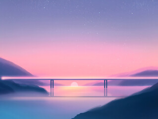 Wall Mural - P Neon minimalist illustration of a bridge ov