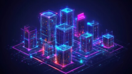 Wall Mural - neon cityscape data center network, glowing, futuristic, digital, background