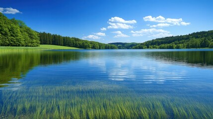 Wall Mural - Calm lake, lush greenery, sunny sky, serene nature, eco tourism