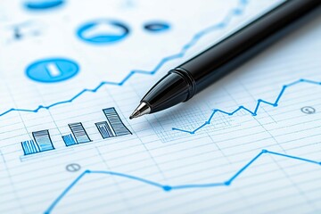 Poster - lose-up of a black pen on financial charts with blue graphs, representing business analytics, stock market data, economic strategy, and corporate growth, Generative AI