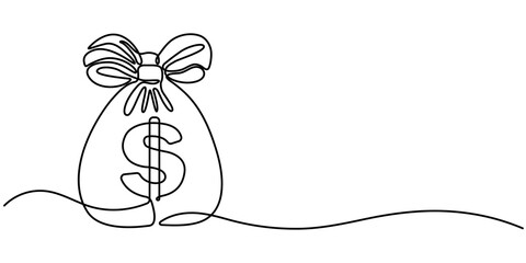 Money bag continuous one line drawing, Dollar bag continuous line drawing. Dollar linear symbol. Savings money concept. Vector illustration, Continuous one line drawing of money bag. One line drawing.
