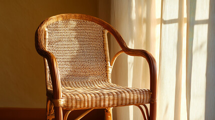 Wall Mural - woven rattan chair illuminated by sunlight near window, creating warm and inviting atmosphere. soft light enhances texture of chair and fabric of curtains