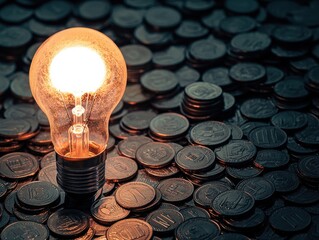 Wall Mural - a glowing light bulb surrounded by scattered coins.