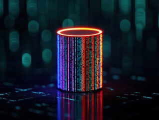futuristic data cylinder with glowing binary code background.