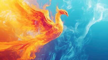 Wall Mural - Digital artwork features a phoenix with fire and ice elements