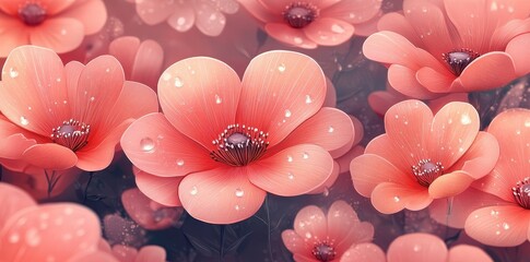 Sticker - Close up of several light red flowers with water droplets