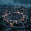 © Alex - A captivating aerial view of an industrial mining site at dusk, showcasing illuminated structures within a vast quarry, surrounded by a dramatic landscape and moody atmosphere.