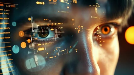 Close up of a software engineer's eyes engaging with a futuristic augmented reality interface, showcasing complex data streams and visualizations in a high tech environment