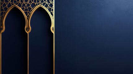 Poster - Elegant Golden Islamic Archway Design against a Deep Blue Background, Intricate Arabesque Pattern, Festive Decoration