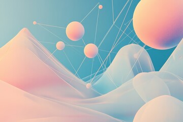 Poster - Abstract rendering showcases pastel mountains spheres and interconnected lines