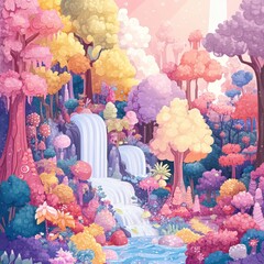 Canvas Print - Whimsical pastel colored forest featuring a cascading waterfall river