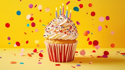 Wall Mural - Colorful cupcake with sprinkles and candles surrounded by confetti on yellow background