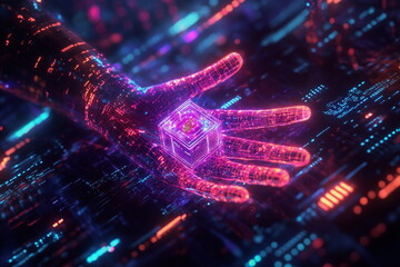 Blockchain visualization. Digital hand holding information cube