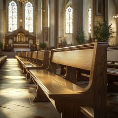 Wall Mural - Church Interior with Rows of Wooden Pews