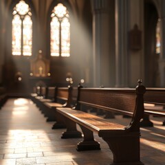 Wall Mural - Church interior with pews and stained glass