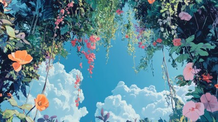 Wall Mural - Flowers and leaves frame a bright blue sky view