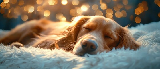 Dreamy golden retriever puppy sleeping on a fluffy blanket in a serene starry background