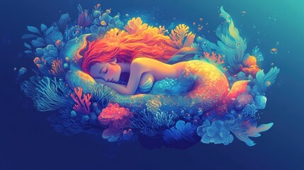 Sticker - A beautiful mermaid with red hair sleeps among coral