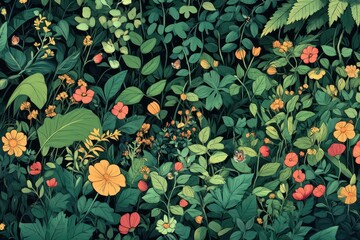 Wall Mural - Dense botanical illustration depicts a vibrant garden scene in darkness