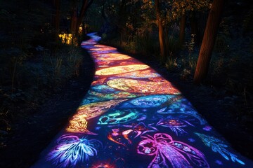 Illuminated nature path, vibrant designs, night, forest, magical ambiance, website banner