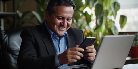 Wall Mural - An image of a man sitting at his desk and engrossed in his work on his smartphone, wearing a suit.