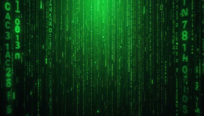 Wall Mural - green digital rain, code falling, dark background, tech backdrop