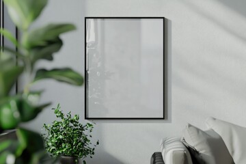 Wall Mural - This image features a wall with a framed mirror set against a textured white background. The mirror is bordered by thin black lines, adding a modern touch to the space. To the right of the mirror,