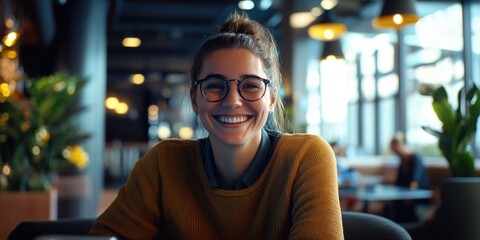 Sticker - A cheerful woman is captured in a contemporary cafe setting, embodying relaxed urban vibes. She is seated at a table with a laptop, possibly enjoying her coffee or waiting for friends.