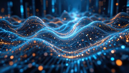 Wall Mural - abstract digital wave data flow, glowing particles, dark background, tech concept