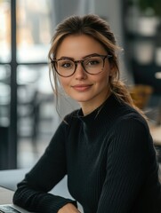 Wall Mural - A modern office portrait of a young woman with brown hair, wearing glasses and a black turtleneck under a stylish blazer. She is seated at a desk with a laptop, smiling slightly towards the camera,