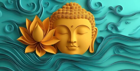 Wall Mural - a golden Buddha face with a lotus flower and a blue background, waves flowing around the figure, in shades of golden yellow and turquoise