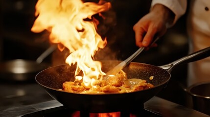 Flaming skillet dish with bright fire in professional restaurant